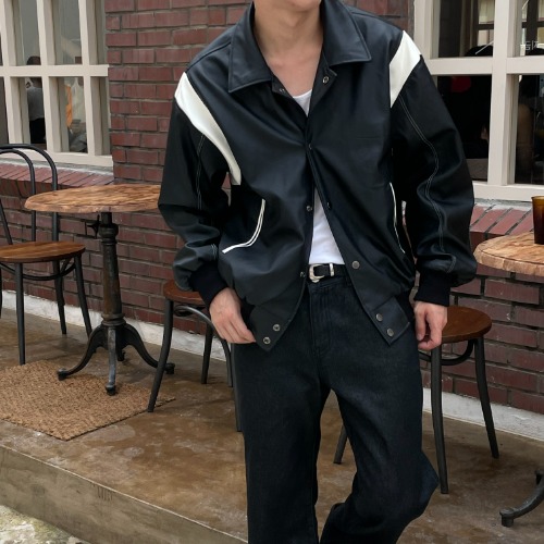 [프리오더 8/5-8/15 -10%SALE] Leather stitch varcity jacket(black)